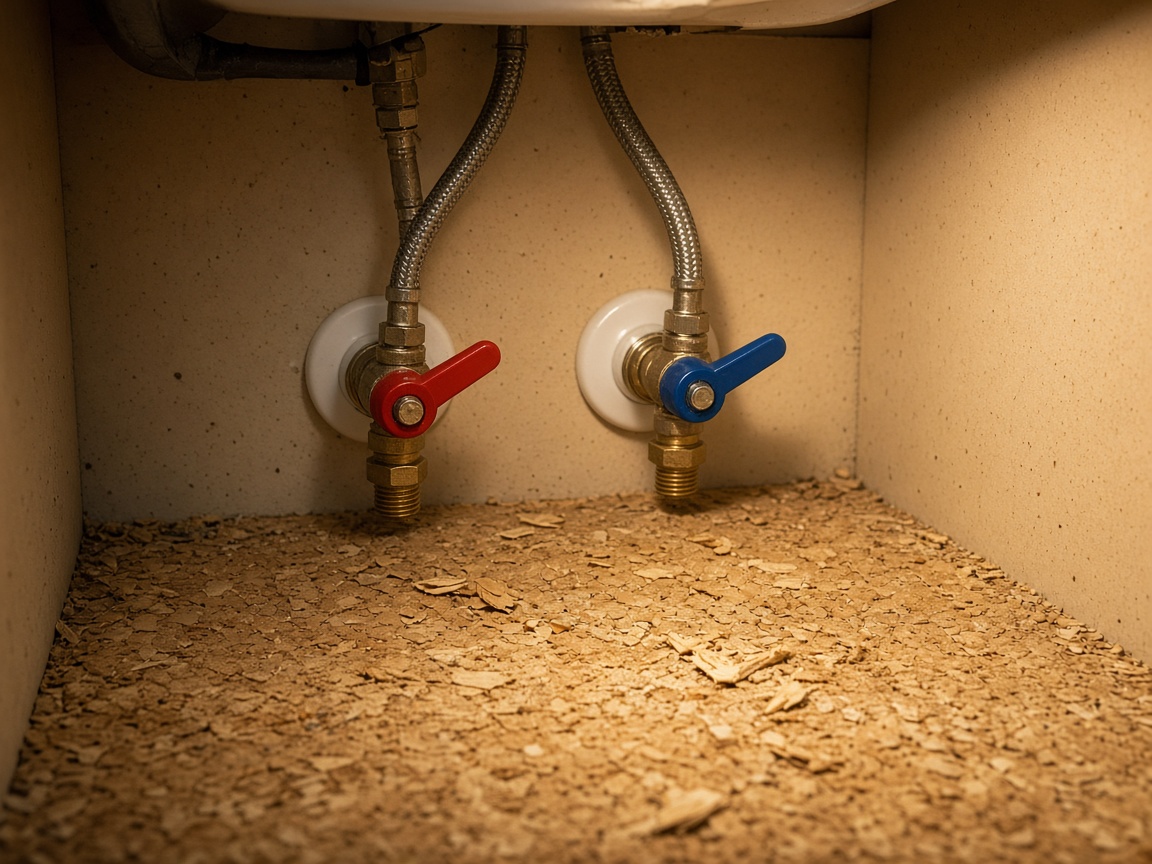 Red and blue shutoff valves with braided supply lines under a sink